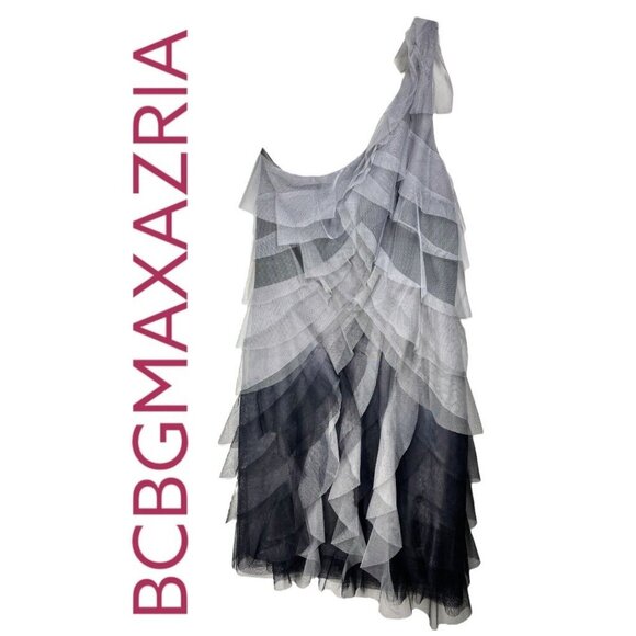 NWT BCBGMAXAZRIA MONICA TIERED 1-SHOULDER OMBRÉ MONOCHROME COCKTAIL DRESS SIZE 8 - Picture 2 of 13
